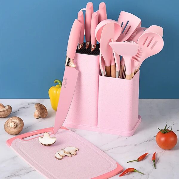 Silicone kitchen utensils set 19-piece knife combination set storage tube wheat straw color set knife holder storage rack